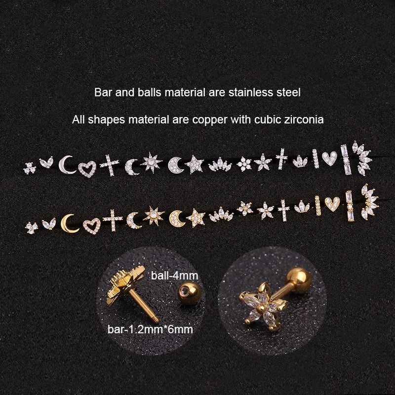 1PC Korean Stainless Steel Mini Zircon Cartilage Ear Stud Earrings for