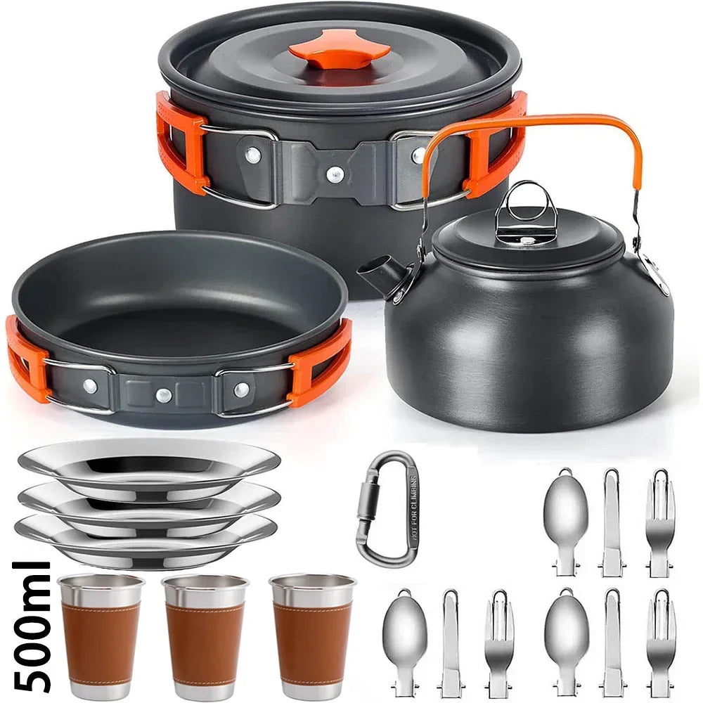 2-3 Person Non-Stick Camping Cookware Set, Portable Outdoor Picnic Travel Tableware with Teapot