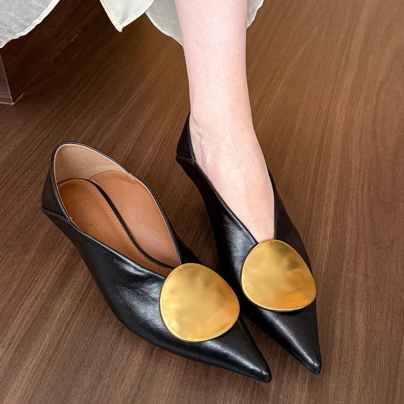 2025 Autumn New Brand Women Pumps Shoes Fashion Gold Metal Shallow Slip on Single Shoes Thin Low Heel Dress Pumps