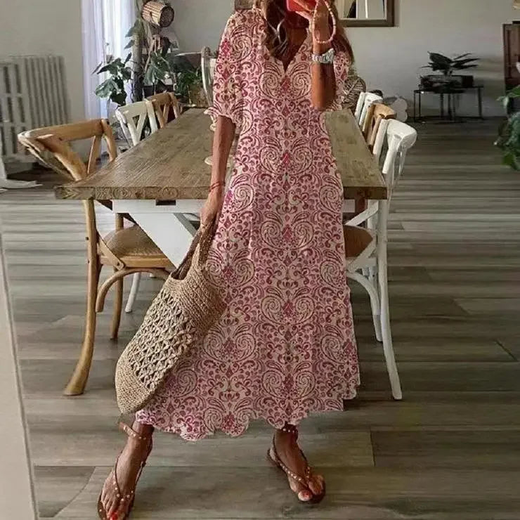 Foridol Casual Hollow Out V Neck White Lace Maxi Dress Vintage A-line Loose Embrioderied Floral Print Bohemian Long Sundress