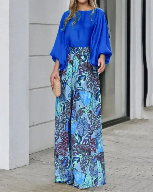 New Women's Clothing Set Lantern Sleeves Loose Top Printed Wide Leg Pants Two Piece Set Casual Ladies Trouser Outfit 2025 Summer