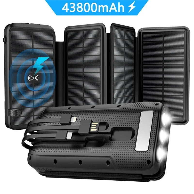 43800mAh Solar Power Bank Quick Wireless Charger External Battery Pack PD 20W Powerbank Built Cables LED Light for iPhone Xiaomi