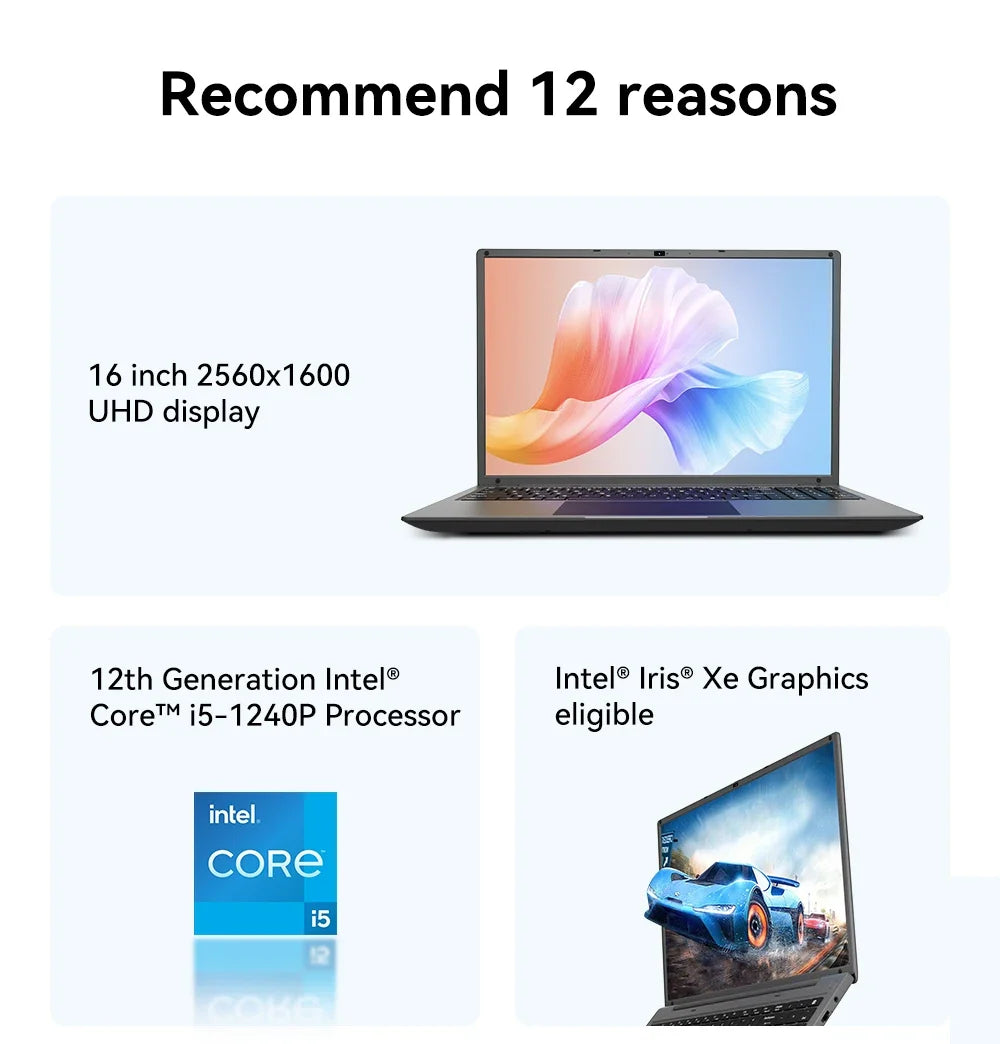 16 Inch Laptop Intel Core I5-1240p CPU 2.5k IPS Display Windows 11
