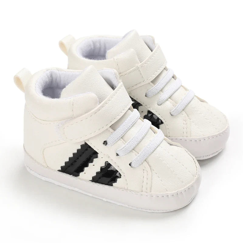 Baby Learning Walk Shoes, Striped PU Sports Shoes for Infants 0-18M, Soft Sole Lightweight Casual Footwear