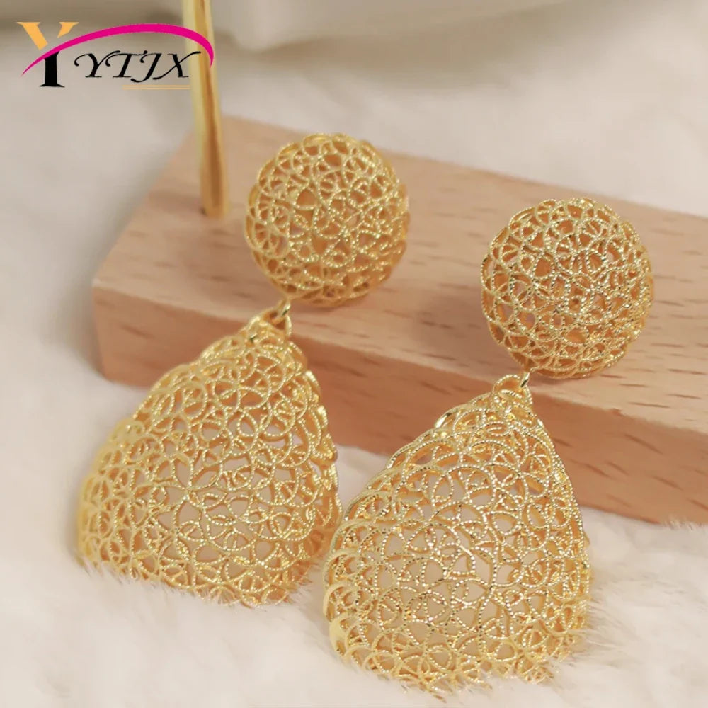YTJX  Women's Piercing Earring  18K  Copper Gold Plated Hollow out Long Pendant Water Drop Jewelry  Accessories For Christmas
