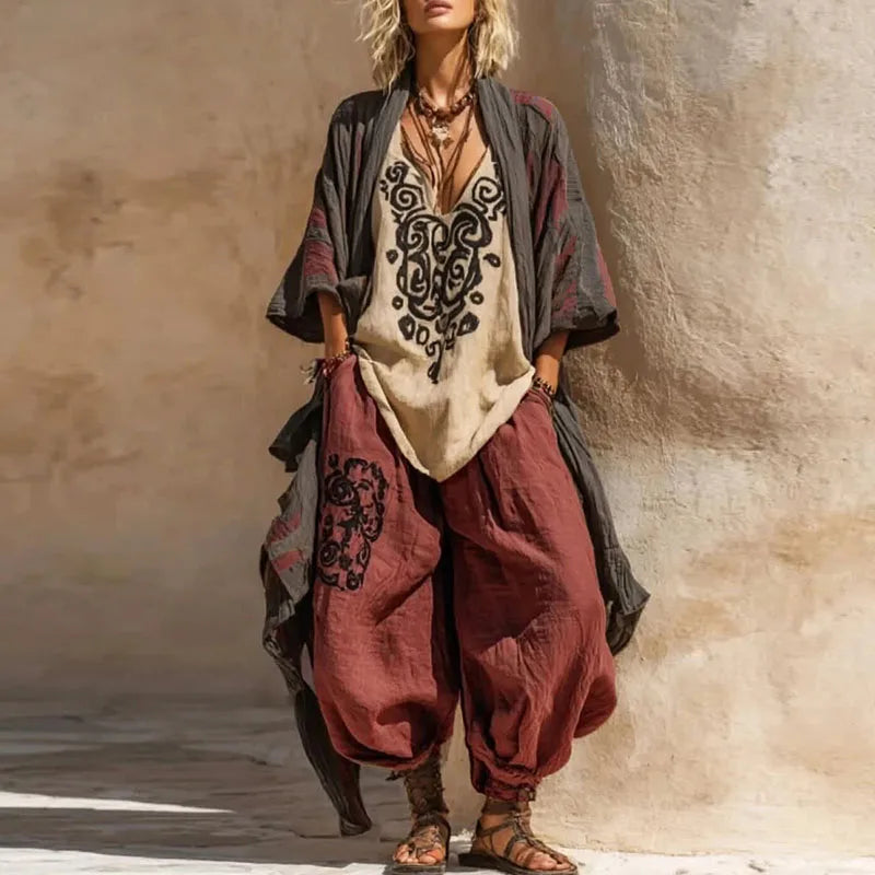 Summer Short Sleeve Loose Robe Set Woman Sexy V Neck Slit Top+Wide Leg Pants+Long Cardigan 3 Piece Suit Spring Print Chic Outfit