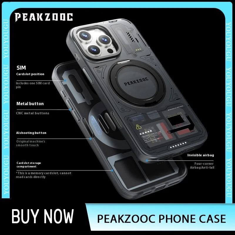 Peakzooc Cyber Memory Card Phone Case Magnetic Bracket SIM Card/SD/TF/Memory Card Storage Manager for IPhone 15/16 Pro Max Gift