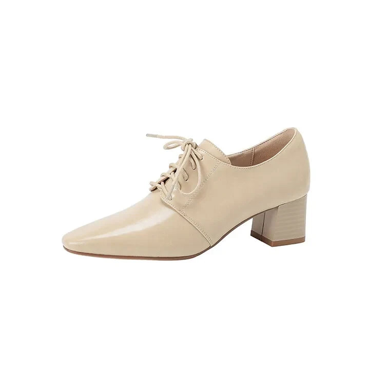 NEW Spring/Autumn Women Pumps Square Toe Chunky Heel Shoes Concise Split Leather Shoes for Women Lace-up Handmade Women Shoes