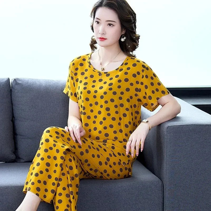 Women Summer Sets NEW Middle Aged Elderly Mother Cotton Silk Suit Casual Print Short Sleeve Top + Pants 2 Piece Set Femme Outfit