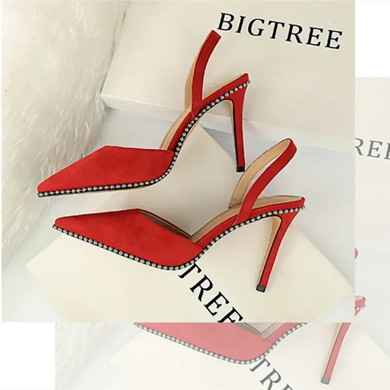 Branded Rivet Studded Beaded Design Sandals Women Summer Sexy Pointed Toe Thin High Heels Elegant Wedding Slide Pumps for Ladies