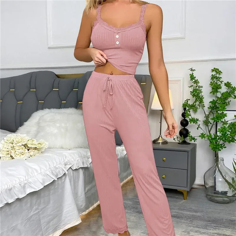Autumn Winter Two Pieces Pajamas Set for Women Sleepwear Lace Suspenders Tops and Long Trousers Pijamas Loungewear