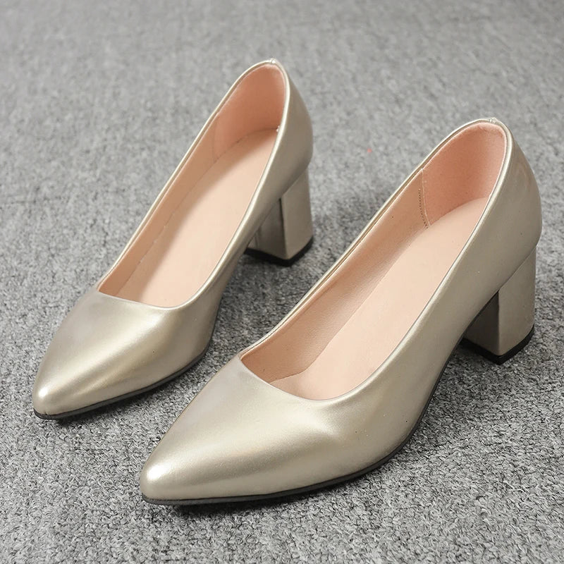 Plus Size 42 Pointed Toe Thick Heels Pumps Women Slip On Pu Leather High Heels Shoes Woman High Heeled Office Party Shoes Ladies