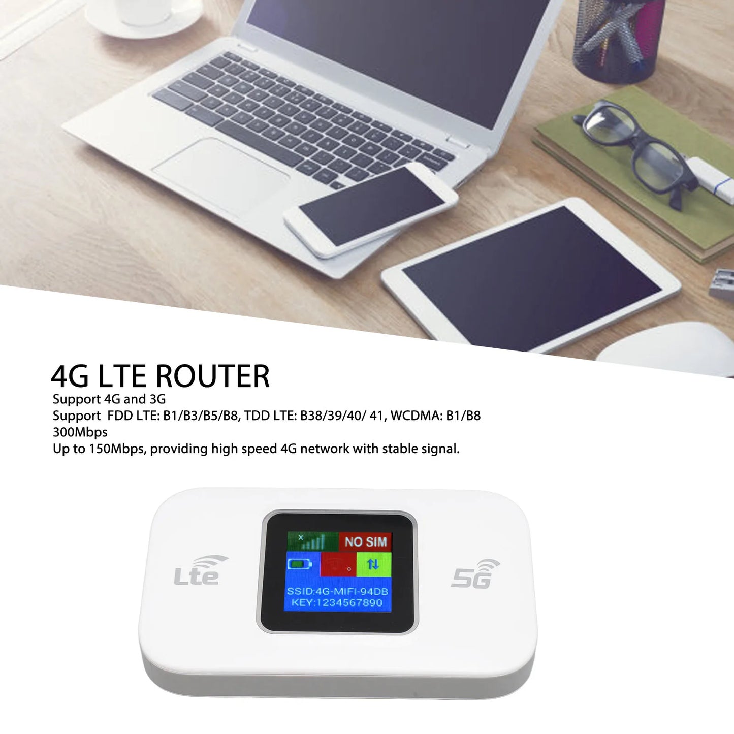 Portable 4G Router 4G LTE WiFi Modem Plug and Play Professional 300Mbps Supports 10 Users Sharing for Tablets for Mobile Phone