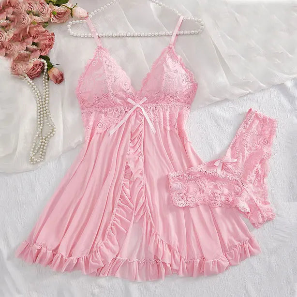 Sexy Sleepwear For Sleeping Night Dress Women Lingеrie Sets Deep V Slip Nightgowns And Panties Lace Ruffle Trim Underwear Pajama