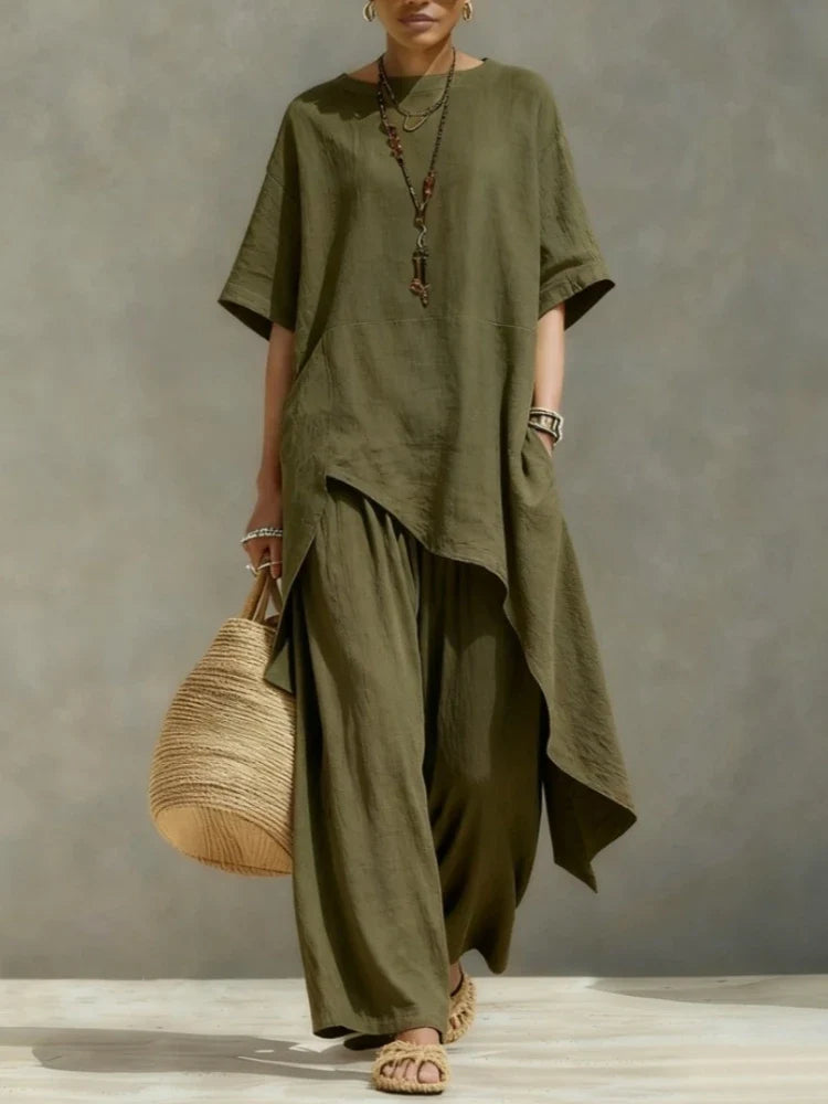 Women Cotton Linen Pant Sets 2 Pieces Casual Half Sleeve Solid Loose Irregular Blouse Elastic Waist Wide Leg Full Trousers Suits