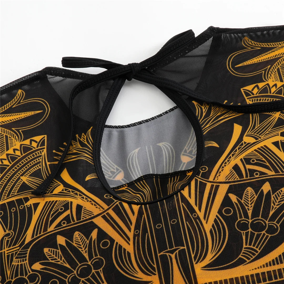 S - XXL 3PCS New Printed Long Sleeve With Pants Sarong Women Swimwear One Piece Swimsuit Female Bather Bathing Suit Swim V7180