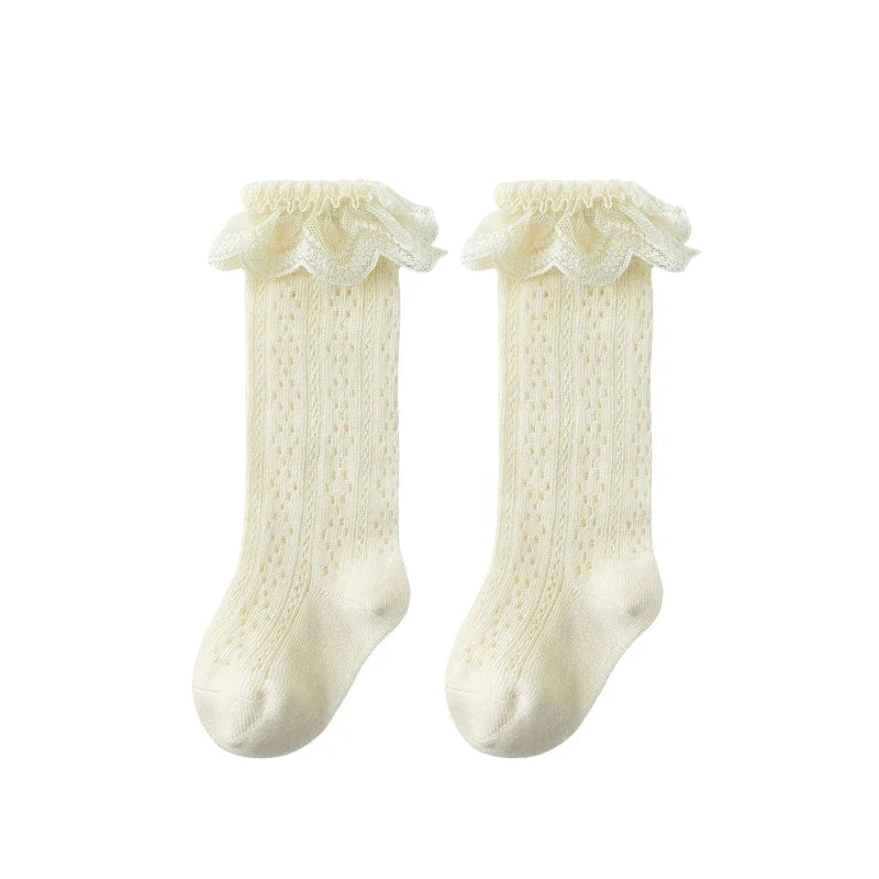 Summer Baby Girls Socks Toddler Bow Long Sock Kids Knee High Soft Cotton Mesh Stocking Spanish Style Hollow Out Lace Socks 0-3Y