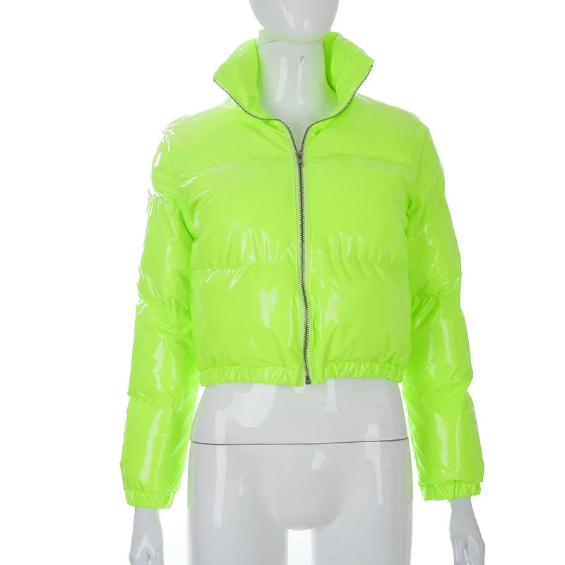 Fashion Cute Women Bright PU Pink Puffer Jacket Winter Warm Bubble Coats Shiny Leather Parkas Down Zipper Cropped Jackets Parkas