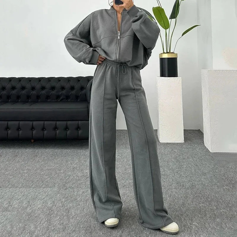 Fashion Women's Suit Zipper Trousers Round Neck Sweatshirt Wide Leg Trousers 2 Piece Set Conjuntos De Pantalón Fall Clothes 2025