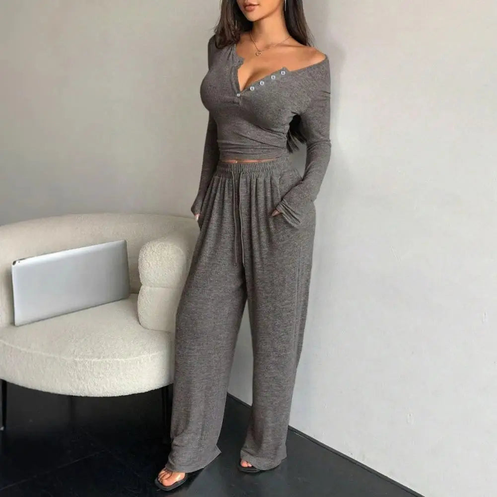Button Up Crop Top & Wide Leg Pants Set, Women's Long Sleeve Matching Lounge Outfit Casual Fall Spring Tracksuits ﻿