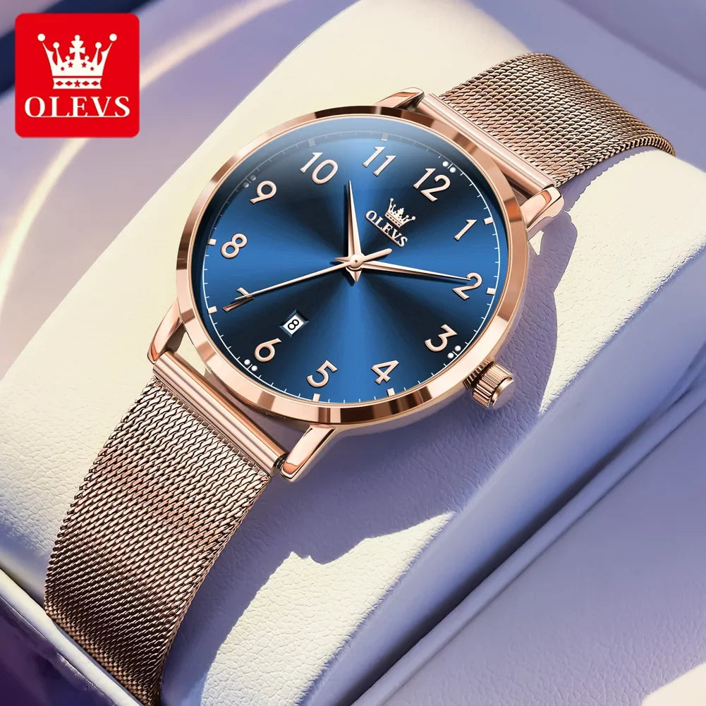 OLEVS 5653 Woman Watches Elegant Original Quartz Watch Waterproof Arabic Numerals Mesh Belt Date Ladies Watch Set Bracelet Watch