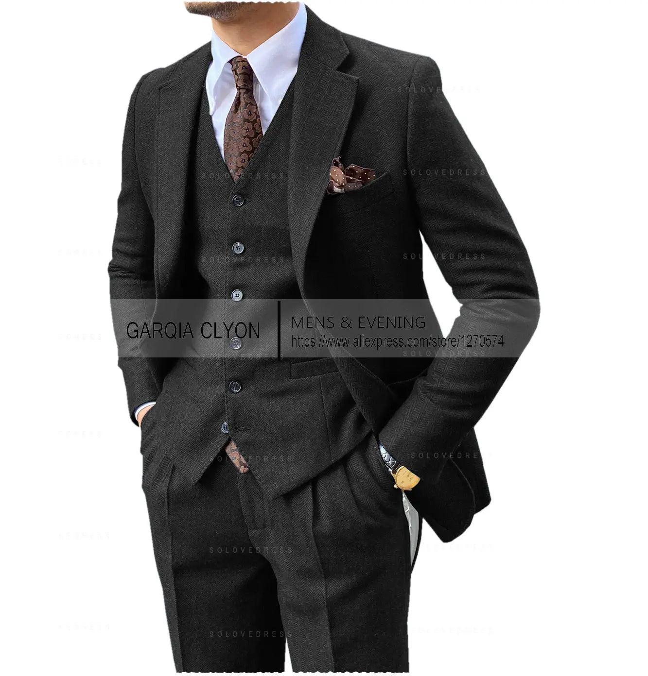 3 Pieces Men's Suits Tweed Herringbone Slim Fit Business Cauasl