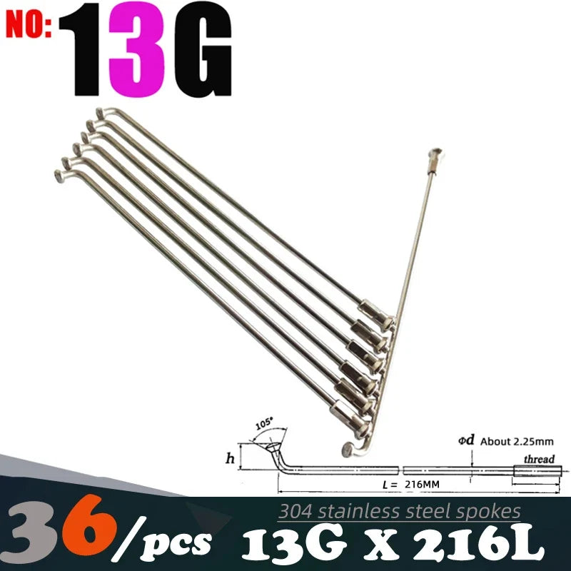 36Pcs 13G(2.25mm)122-240MM 304 Stainless Steel Bicycle Spokes & Nut Electric E-Bike Cycle