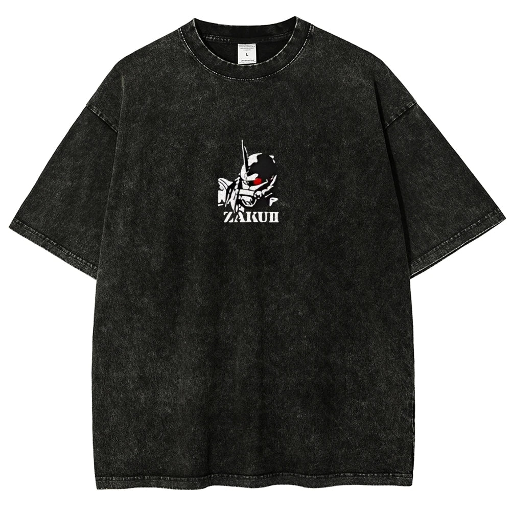 Zaku II T Shirt Char Aznable Men Vintage Acid Wash Mecha MS-06S Streetwear Oversized Retro Mobile Suit Zeon Japanese Graphic Tee