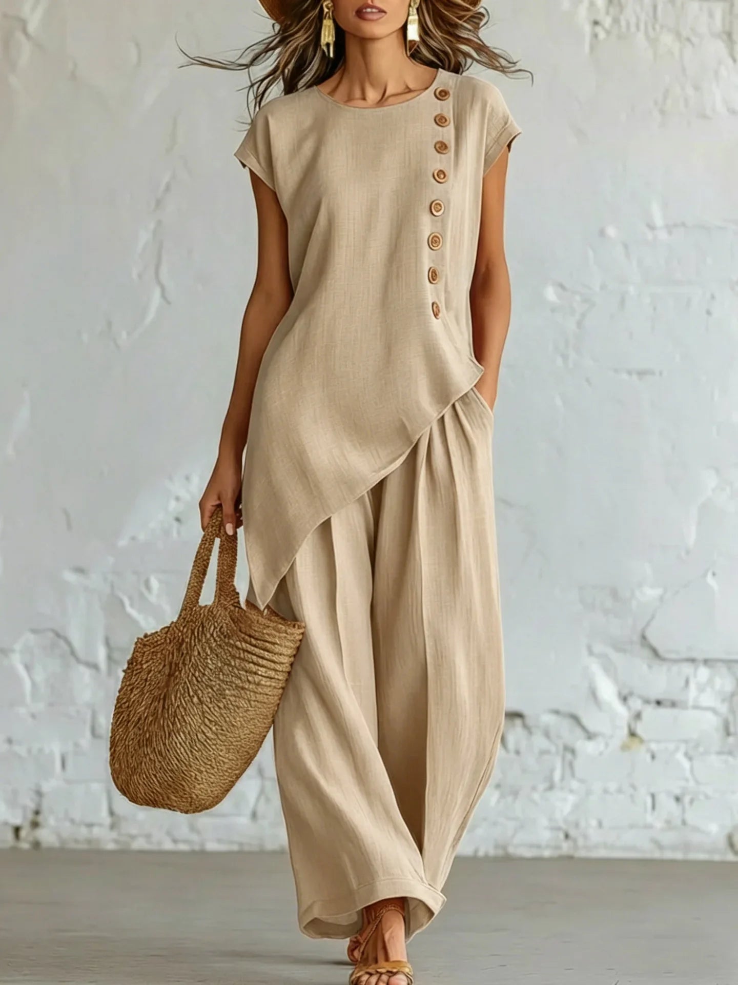 2026 Women 2 Piece Set Elastic Waist Pocket Button Decorate Wide Leg Pants+Solid Blouse Suit Casual Top Trousers Lady Outfits