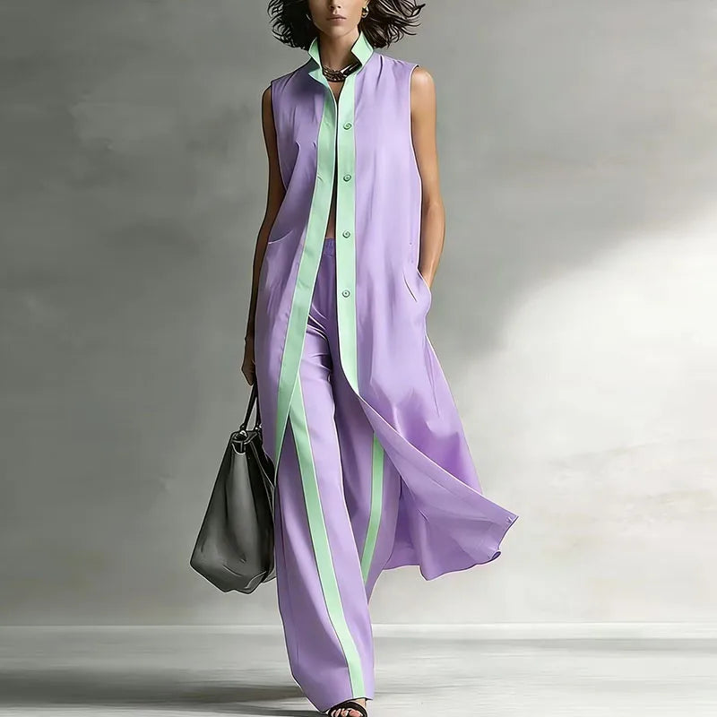 Spring Contrast Sleeveless Vest Suit Woman 2 Pieces Elegant Shirt Collar Button Long Top Wide Leg Pants Sets Summer Outfit Mujer