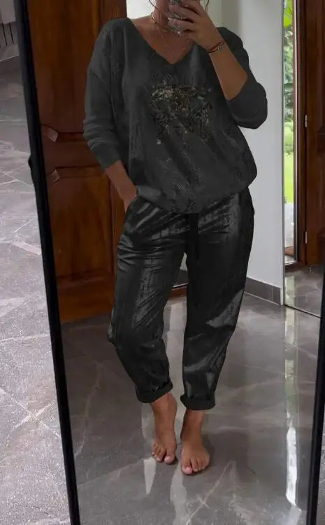 Plus-size Suit Women's Casual Fashion Metal Eye Decoration Long-sleeved Shirt Casual Pants Plus-size Women's Clothing 2025