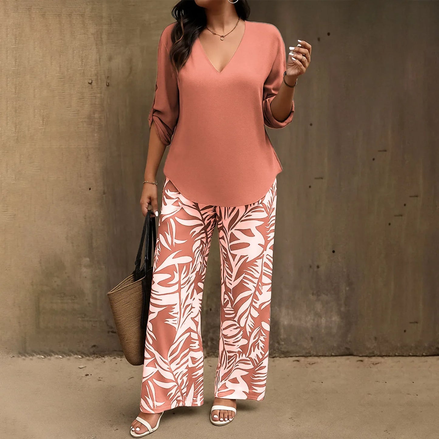 Women Solid V Neck Long Sleeve Digital Print Pants Two Piece Set Casual Stylish Matching Outfit for Daily Outdoor Lounge Wear