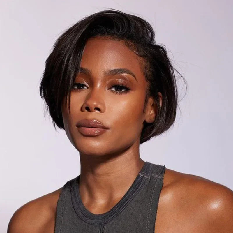 Pelucas Cortas de Cabello Humano, Corte Pixie, Lacio, Remy Brasileño Transparente, Pelucas Lacias de Cabello Humano Bob para Mujeres Negras