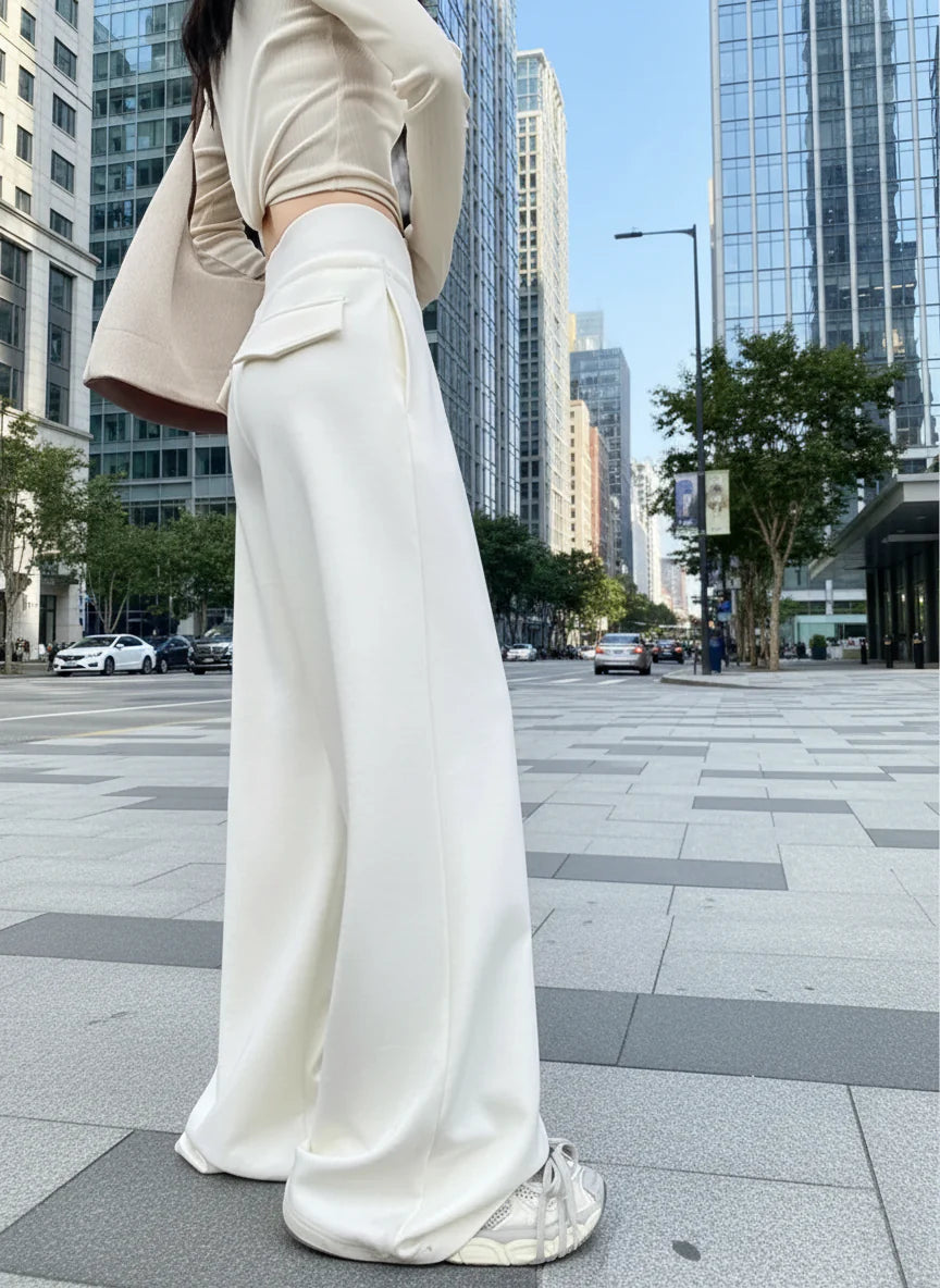 Pantalones rectos anchos de cintura alta sueltos grises para mujer