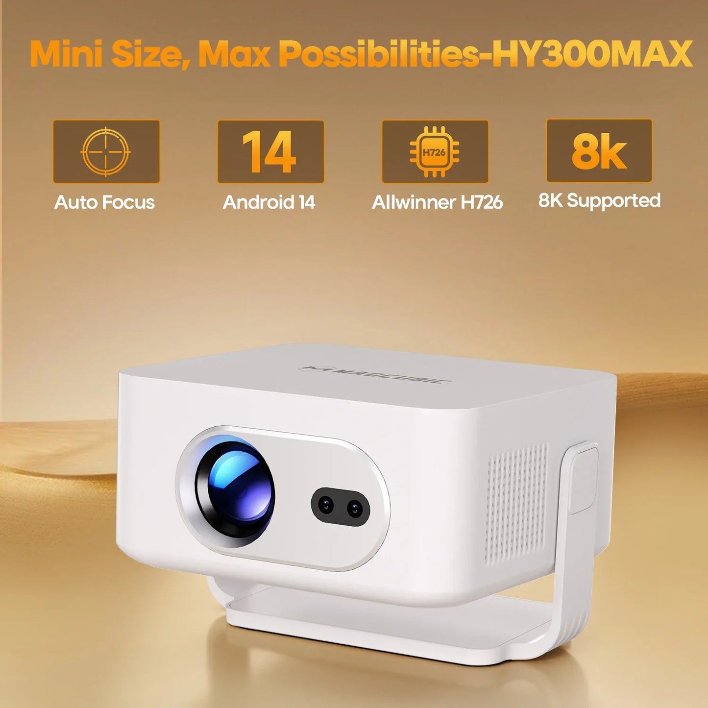 Magcubic 8K Native 4K Projector 400ANSI 14 Android Auto Focus Portable Outdoor HY300Max with Wifi6 BT5.4 Allwinner H726 720P