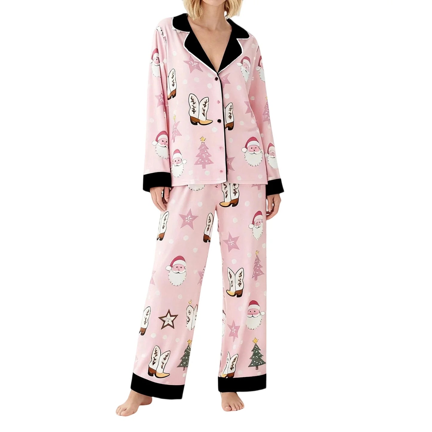 Women's Christmas Pajamas Set Long Sleeve V Neck Stocking Tree Print Tops and Pants Lounge Wear Two Pieces Suits