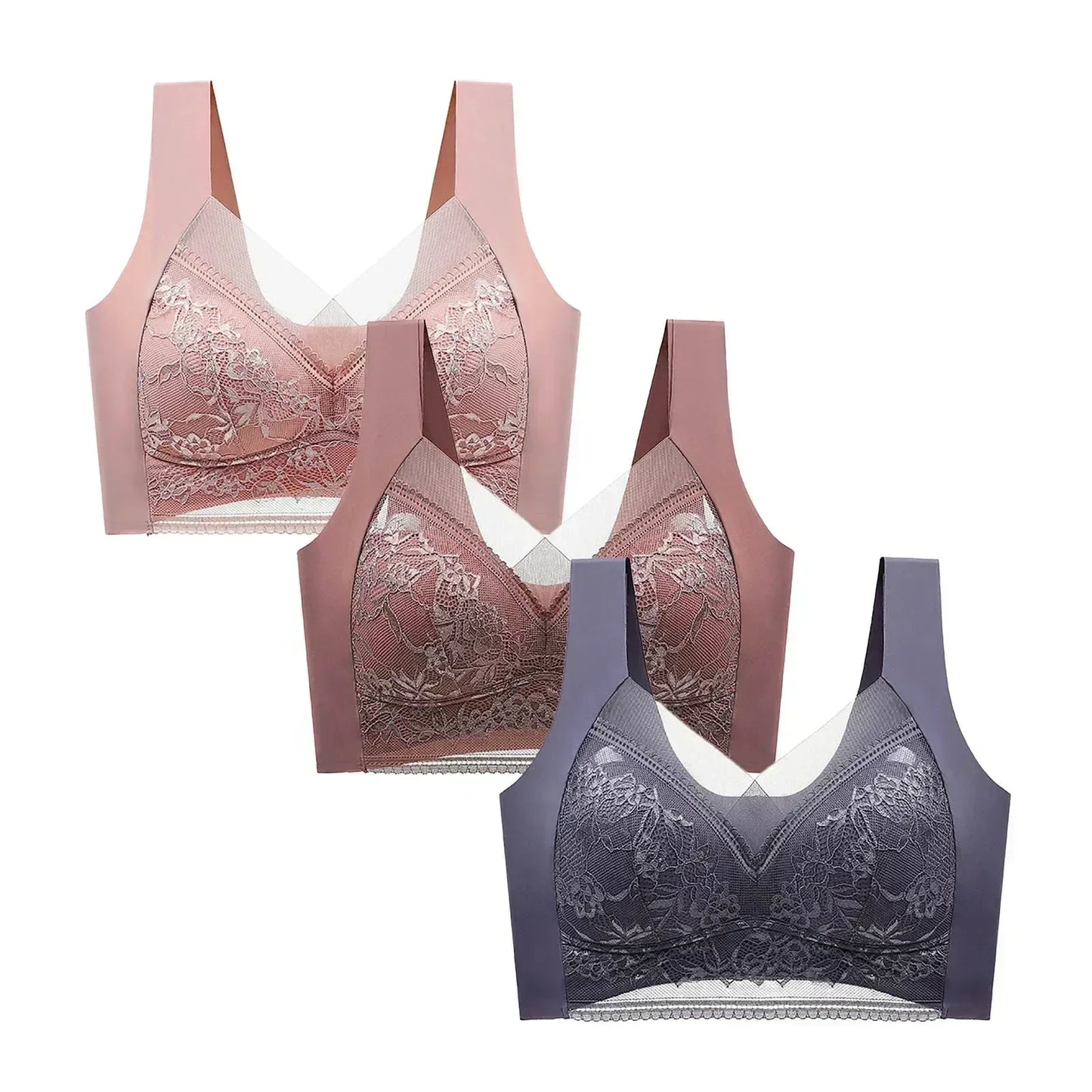 FallSweet Sujetadores Push Up de Encaje para Mujer, 3 Piezas, Sujetador Inalámbrico Sexy de Seda de Hielo, Bralette de Copa Profunda, Lencería Femenina, Ropa Interior para Mamá L-5XL
