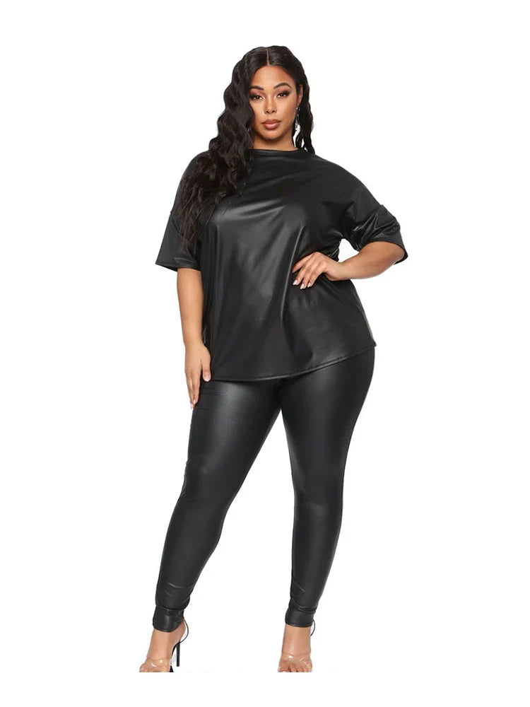 Women Summer Clothes Leather Outfit 2 Piece Set Short Sleeve Blouse Top and Stretchy Leggings Ladies Plus Size Pu Suits in Black