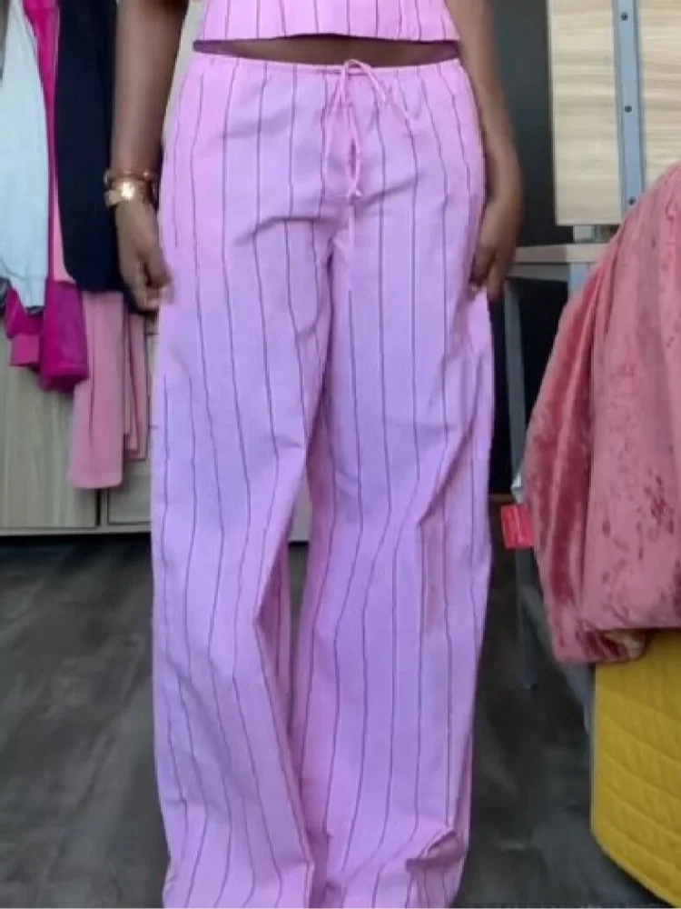 Fashion Striped Sling Pants Set Women Chic Patchwork Lace Up Halter Backless Blouse Suit Summer Holiday Daily Street Outfit 2026