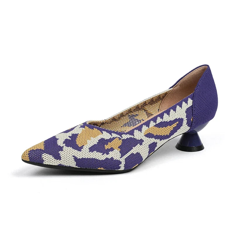 New Knitted Dress Shoes for Women Fashion Leopard Print Pointed Toe Shallow Designer Pumps Elegant Party Banquet Heels Ladies