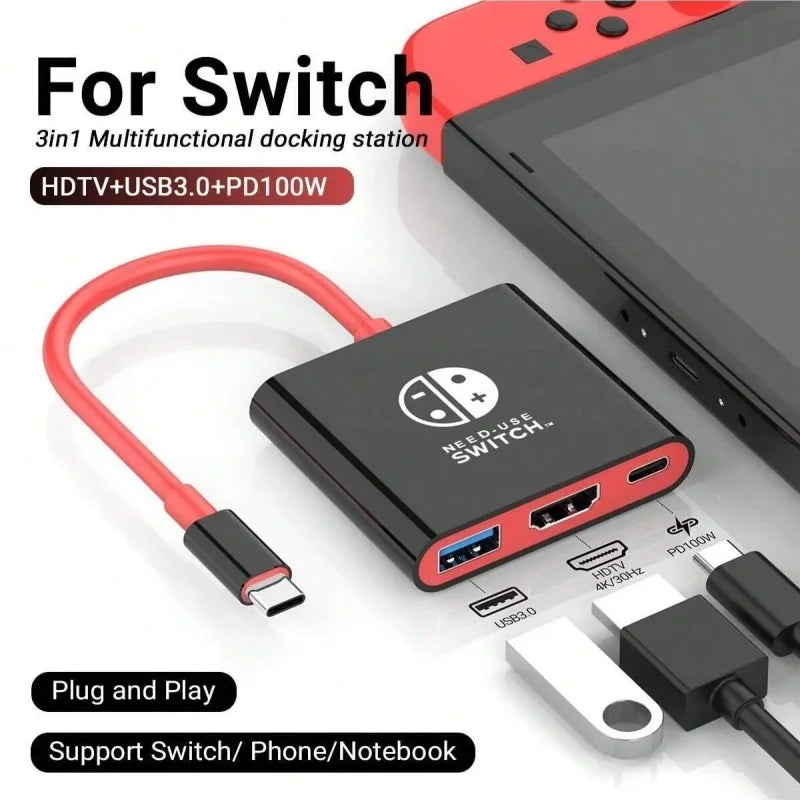Portable  Switch Docking Station TYPE-C Hub with HDMI and USB 3.0 Perfect for Travel and Gaming