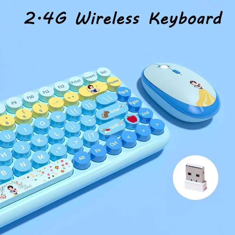 Kawaii Princess Wireless Keyboard and Mouse Set Cartoon Theme Keycaps Keyboards 2.4G Wireless Keyboard For Laptop Girls Gift