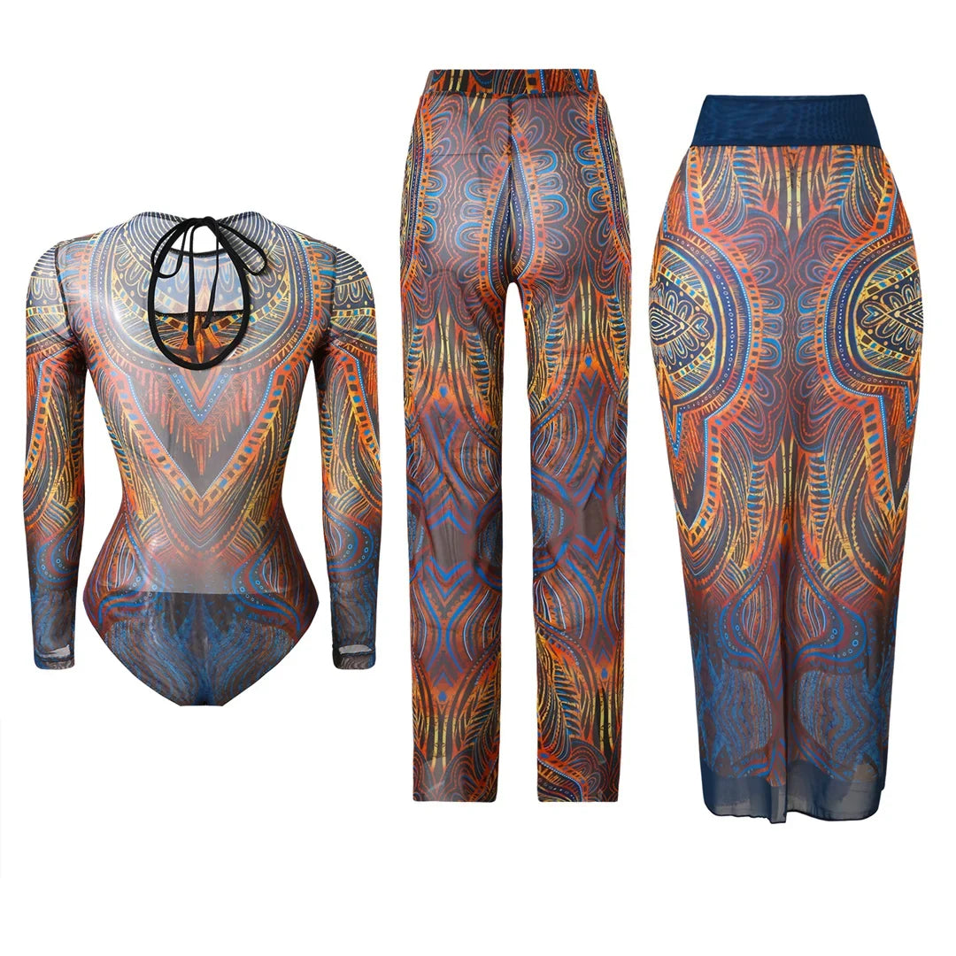 S - XXL 3PCS New Printed Long Sleeve With Pants Sarong Women Swimwear One Piece Swimsuit Female Bather Bathing Suit Swim V7180