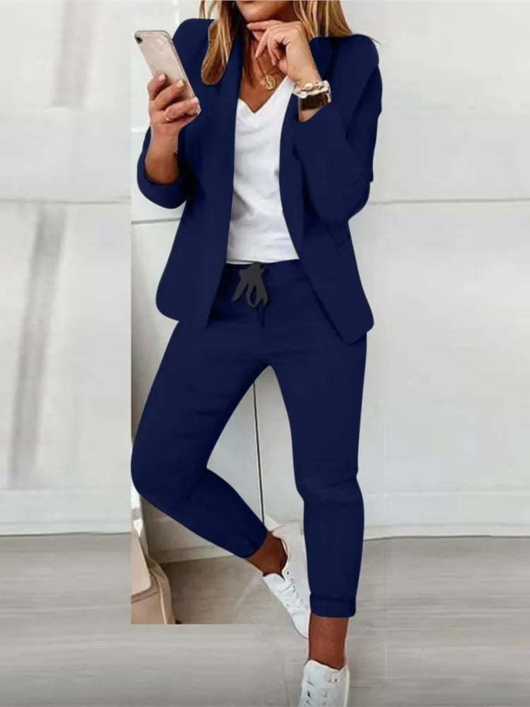 2 Piece Women's Autumn Winter Suit Fashion Slim Fit Lace-up Small Feet Trousers Women's Office Casual Solid Color Suit 2024