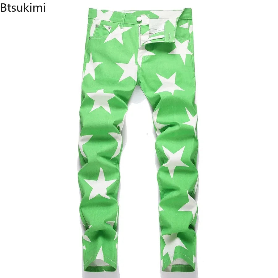 2026 New Fashion Men Clothing Stars Print Jeans Y2K Fancy Color Stretch Cotton Denim Pants Spring Trendy Slim Straight Trousers