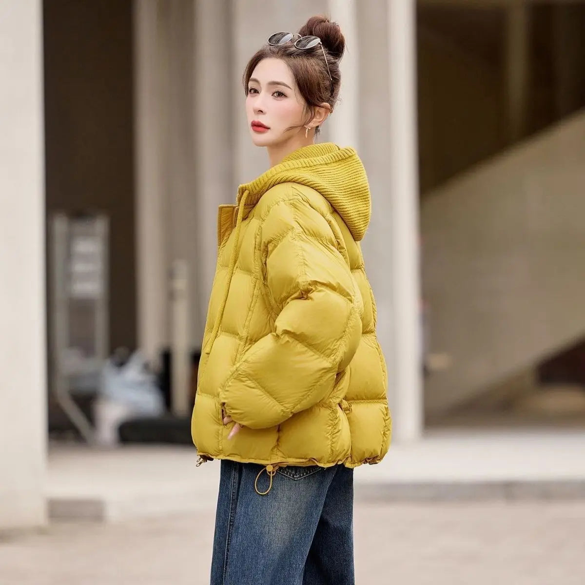 Femme Korean Cotton Padded Outwear 2026 New Autumn Winter Women Casual Knitted Hooded Puffer Jacket Fake Two-piece Warm Parkas