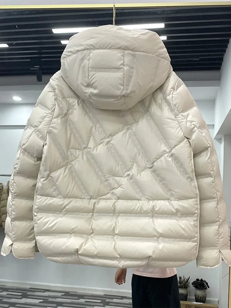 Winter Women 90% White Duck Down Coat Female Stand Collar Single-Breasted Puffer Jacket Casual Loose Hooded Parkas Coat Women