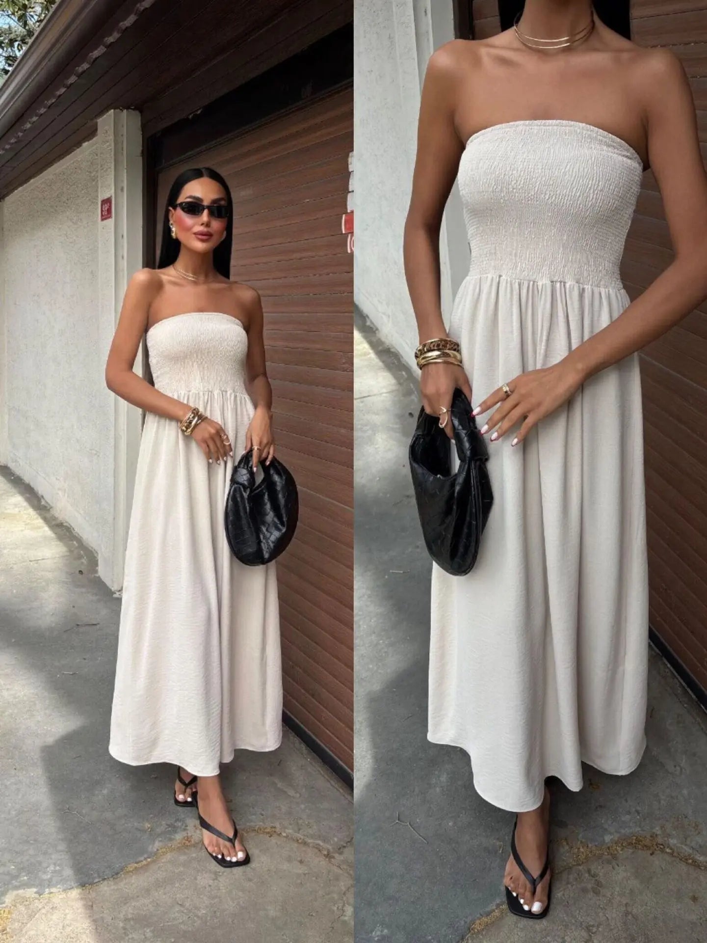 New Summer Fashion Solid Color Off-Shoulder Strapless Waist-Cinching