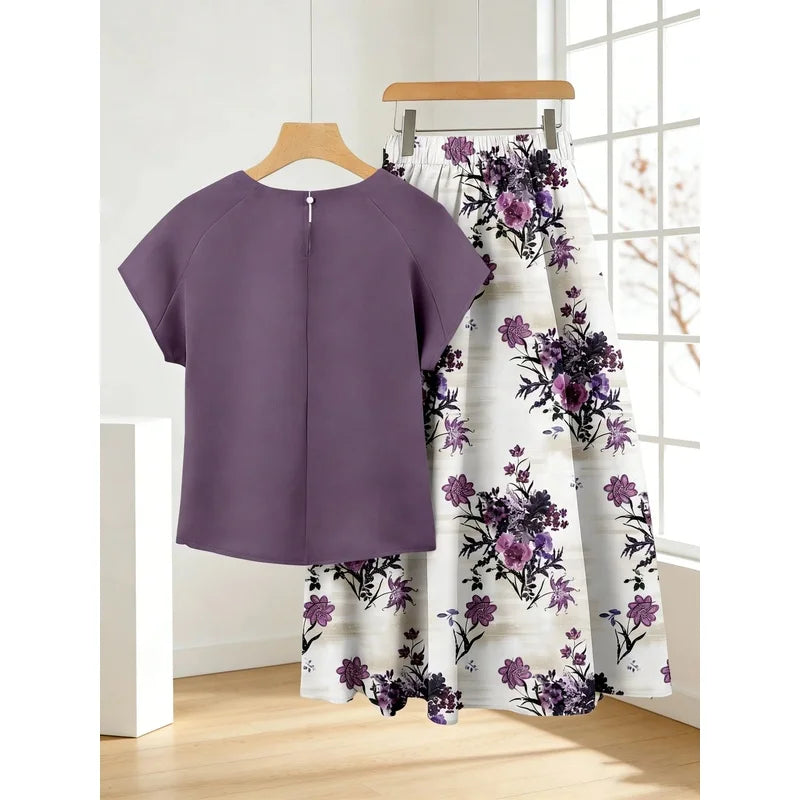 Retro plus Size Women's Ink Purple Printed Skirt Set with Simple Purple Short-Sleeved T-Shirt Elegant Casual Women's Outfit