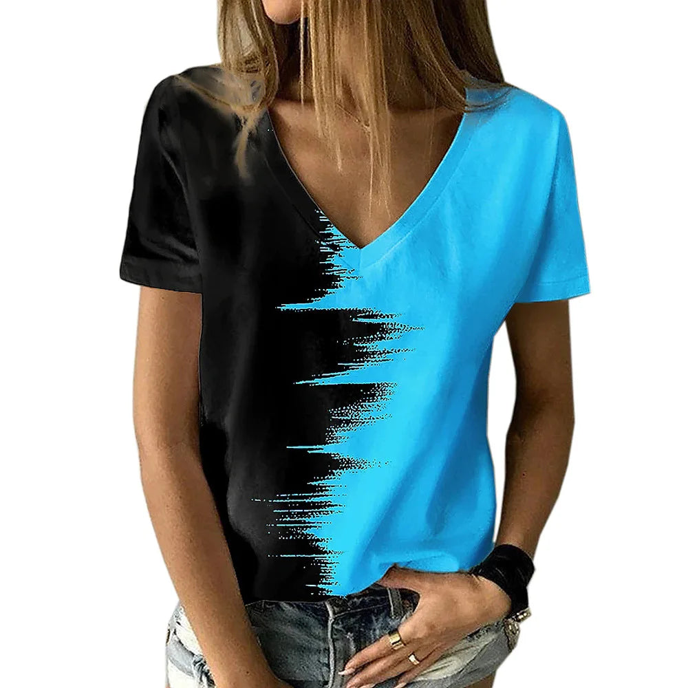 New women's V-neck T-shirt, black and white, suitable for document subscribers, 3D printing, vacation